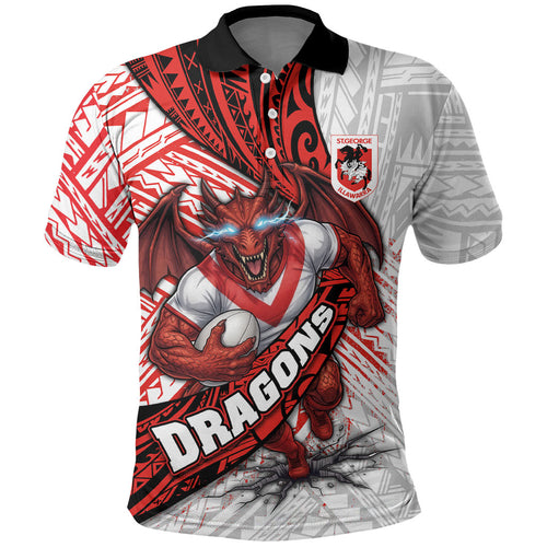 St George Illawarra Dragons Rugby Polo Shirt Tribal Polynesian Power Art - Lightning Mascot