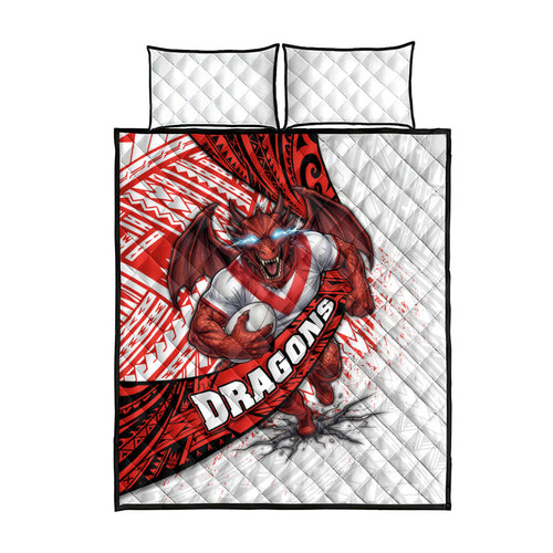 St George Illawarra Dragons Rugby Quilt Bed Set Tribal Polynesian Power Art - Lightning Mascot