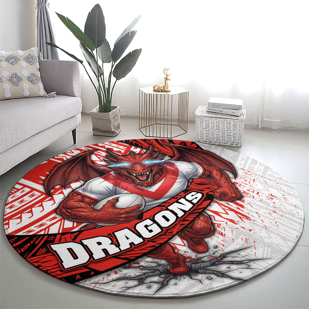 St George Illawarra Dragons Rugby Round Carpet Tribal Polynesian Power Art - Lightning Mascot