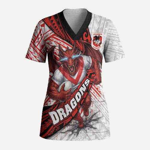 St George Illawarra Dragons Rugby Scrub Top Tribal Polynesian Power Art - Lightning Mascot
