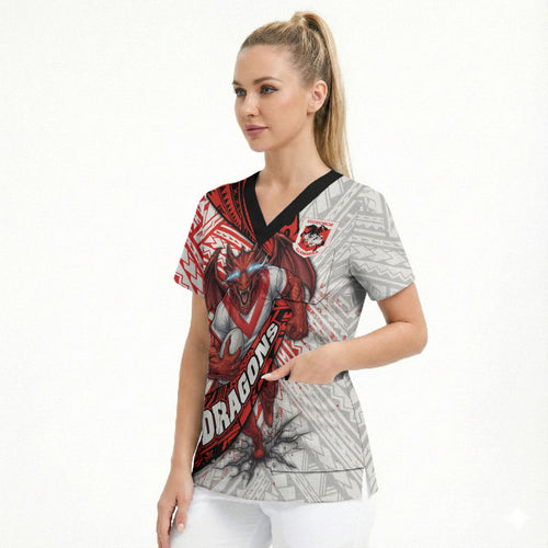 St George Illawarra Dragons Rugby Scrub Top Tribal Polynesian Power Art - Lightning Mascot
