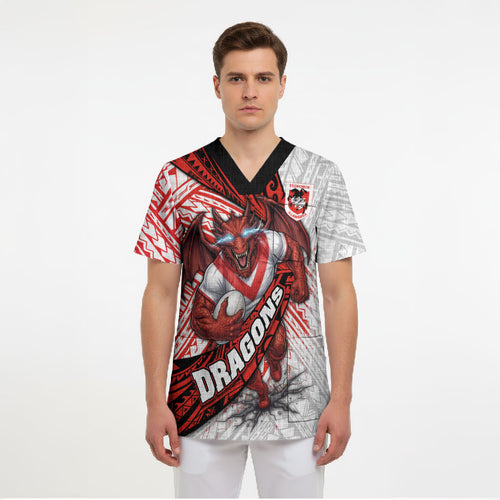 St George Illawarra Dragons Rugby Scrub Top Tribal Polynesian Power Art - Lightning Mascot