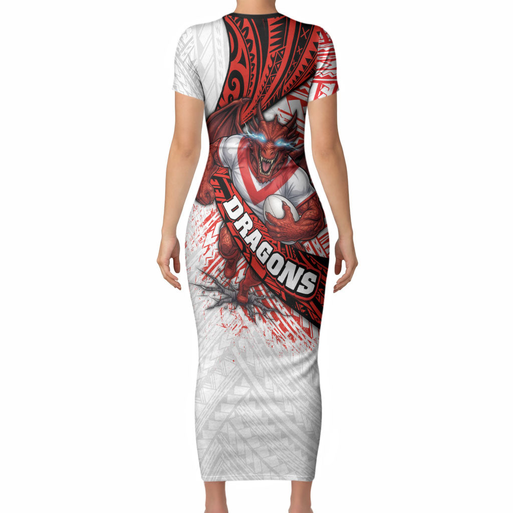 St George Illawarra Dragons Rugby Short Sleeve Bodycon Dress Tribal Polynesian Power Art - Lightning Mascot
