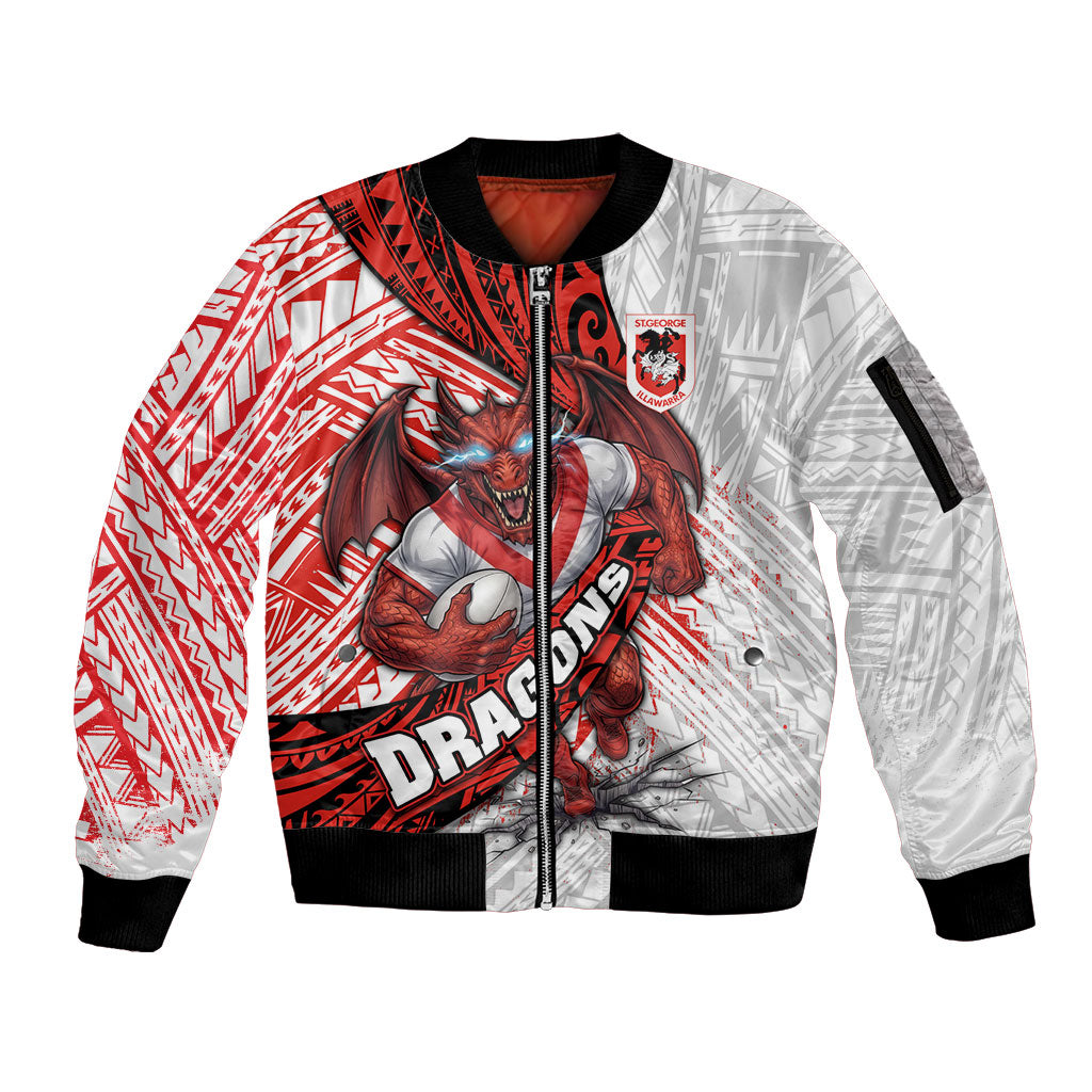 St George Illawarra Dragons Rugby Sleeve Zip Bomber Jacket Tribal Polynesian Power Art - Lightning Mascot