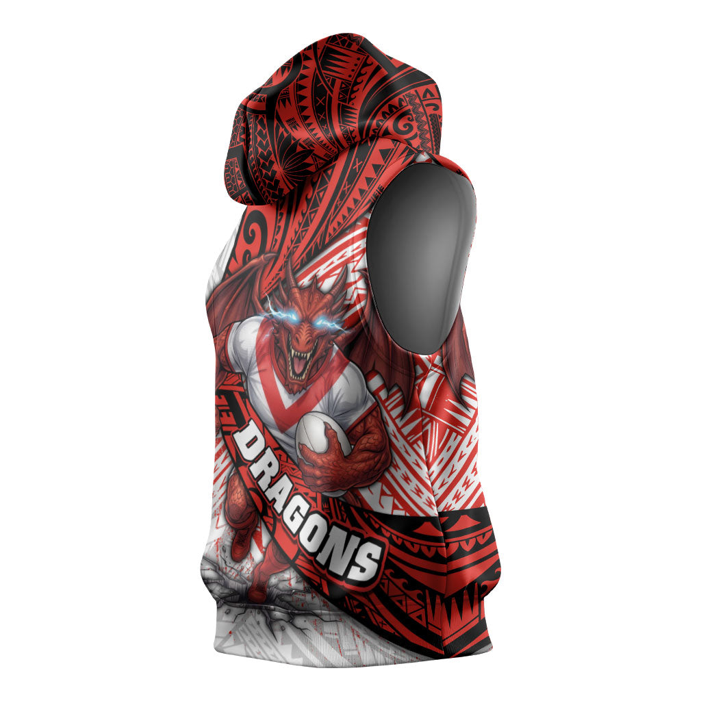 St George Illawarra Dragons Rugby Sleeveless Hoodie Tribal Polynesian Power Art - Lightning Mascot