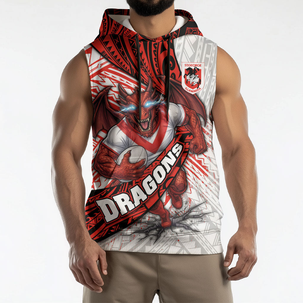 St George Illawarra Dragons Rugby Sleeveless Hoodie Tribal Polynesian Power Art - Lightning Mascot
