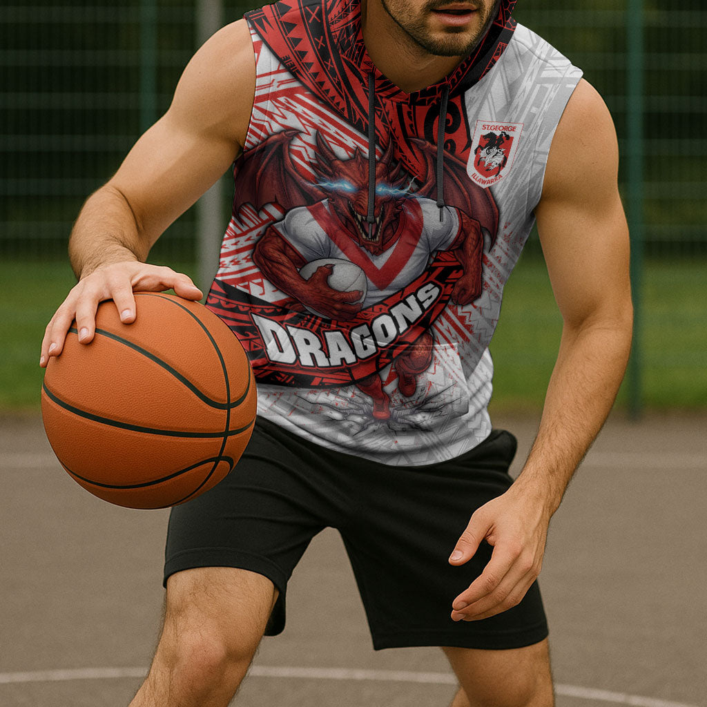 St George Illawarra Dragons Rugby Sleeveless Hoodie Tribal Polynesian Power Art - Lightning Mascot