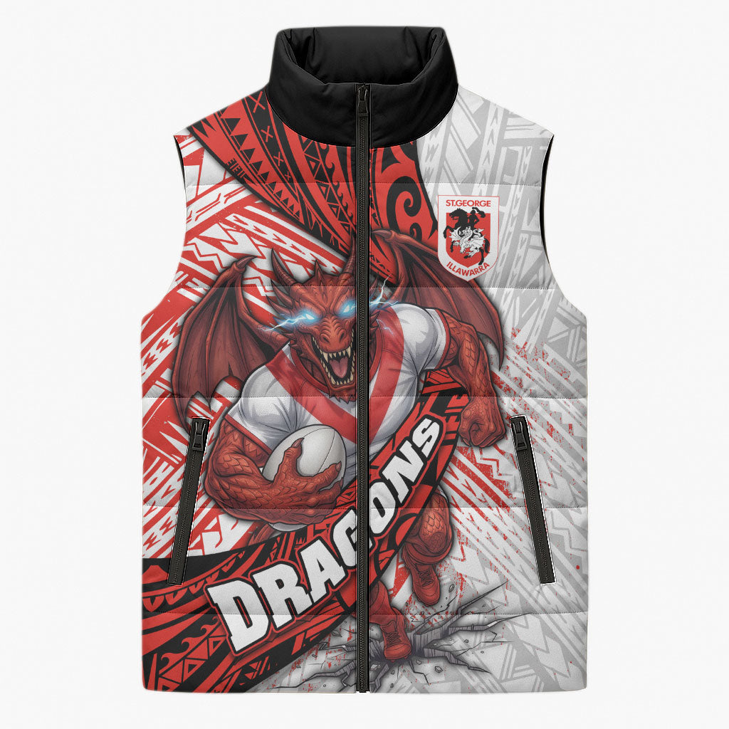 St George Illawarra Dragons Rugby Sleeveless Puffer Jacket Tribal Polynesian Power Art - Lightning Mascot