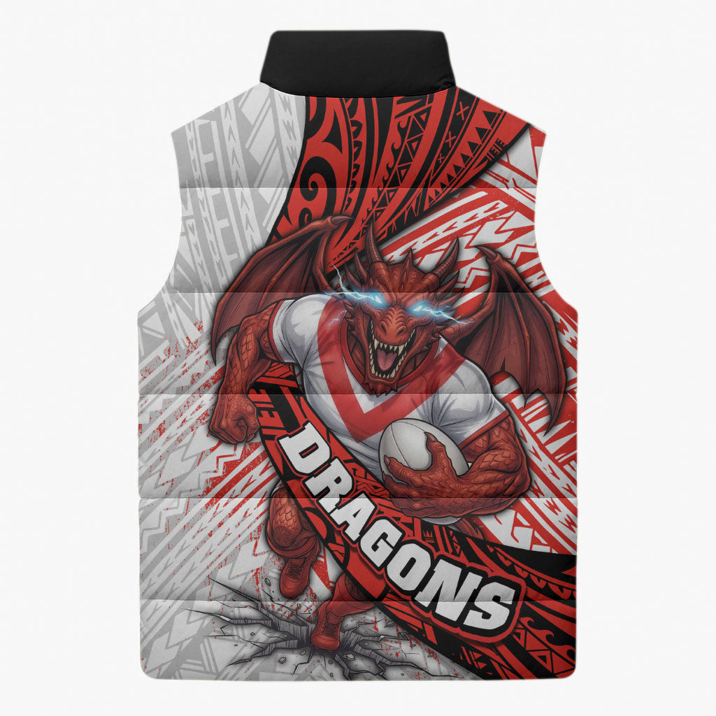 St George Illawarra Dragons Rugby Sleeveless Puffer Jacket Tribal Polynesian Power Art - Lightning Mascot