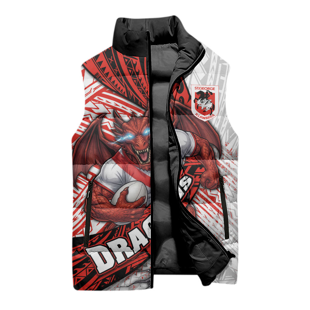 St George Illawarra Dragons Rugby Sleeveless Puffer Jacket Tribal Polynesian Power Art - Lightning Mascot