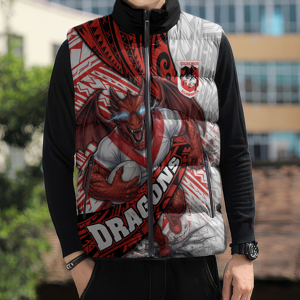 St George Illawarra Dragons Rugby Sleeveless Puffer Jacket Tribal Polynesian Power Art - Lightning Mascot