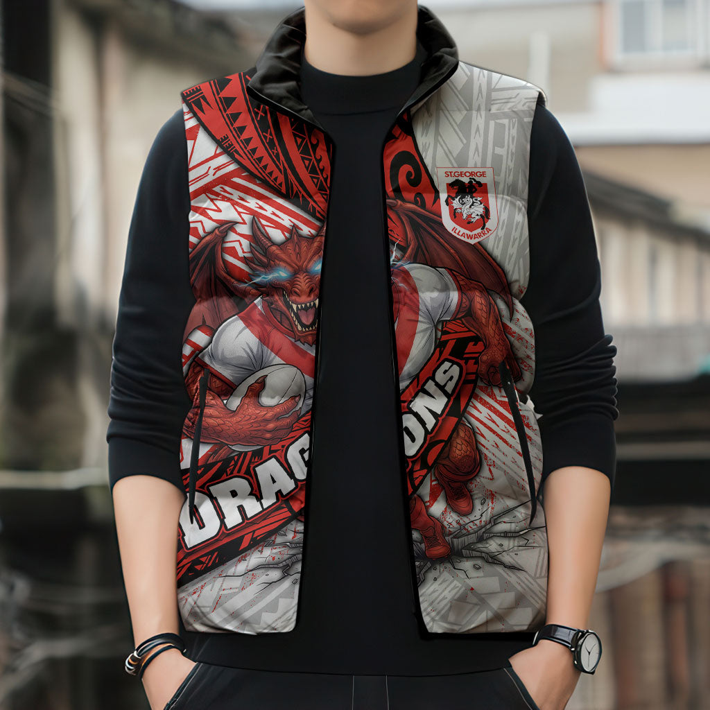 St George Illawarra Dragons Rugby Sleeveless Puffer Jacket Tribal Polynesian Power Art - Lightning Mascot