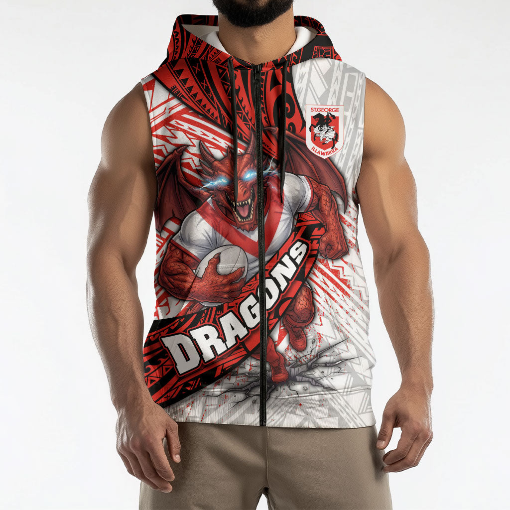 St George Illawarra Dragons Rugby Sleeveless Zip Hoodie Tribal Polynesian Power Art - Lightning Mascot
