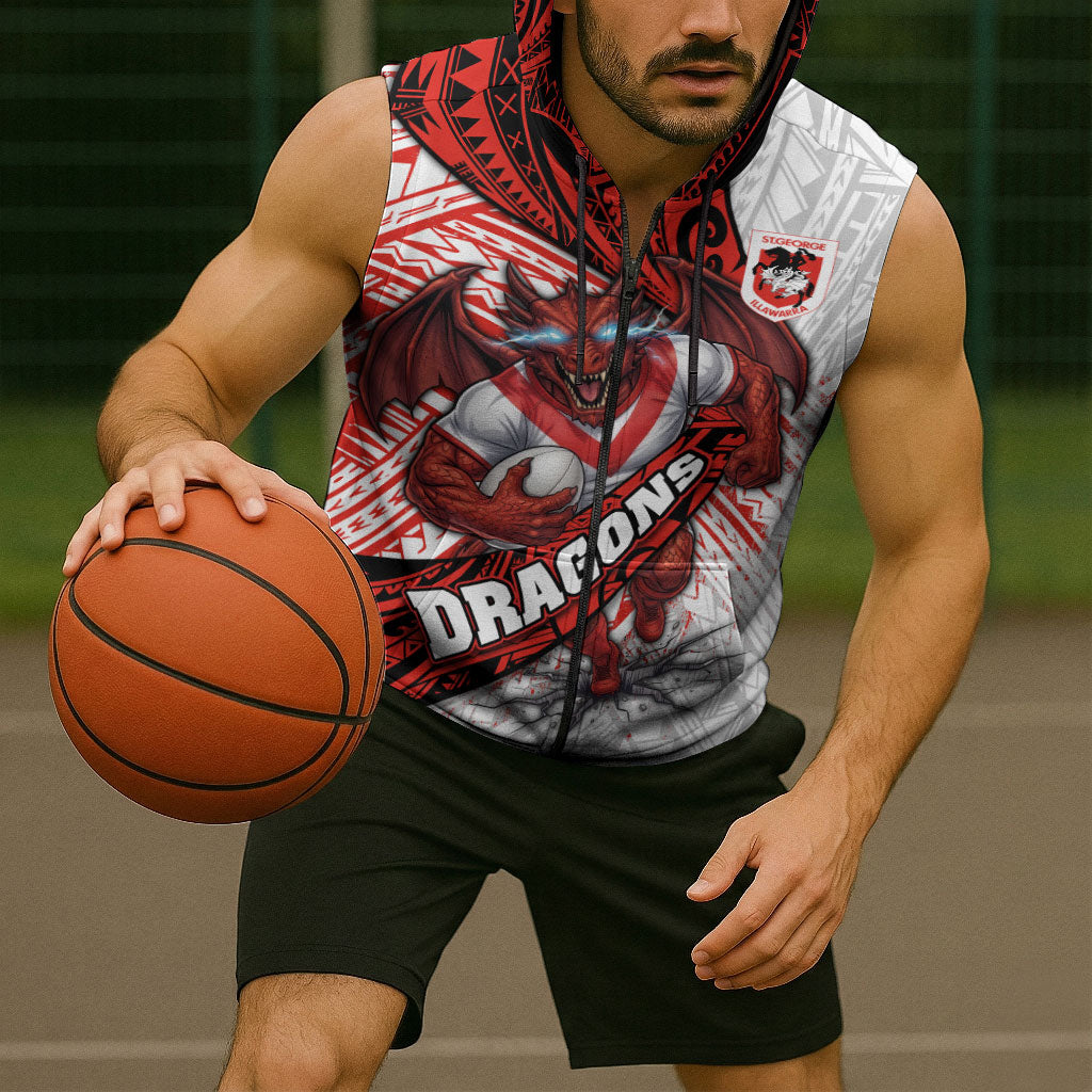St George Illawarra Dragons Rugby Sleeveless Zip Hoodie Tribal Polynesian Power Art - Lightning Mascot