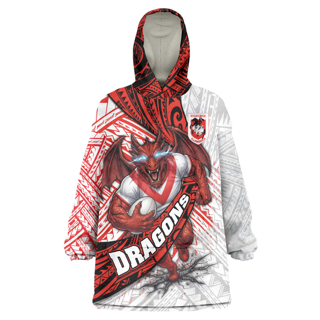 St George Illawarra Dragons Rugby Wearable Blanket Hoodie Tribal Polynesian Power Art - Lightning Mascot