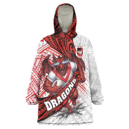 St George Illawarra Dragons Rugby Wearable Blanket Hoodie Tribal Polynesian Power Art - Lightning Mascot