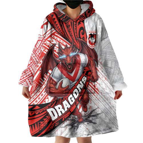 St George Illawarra Dragons Rugby Wearable Blanket Hoodie Tribal Polynesian Power Art - Lightning Mascot