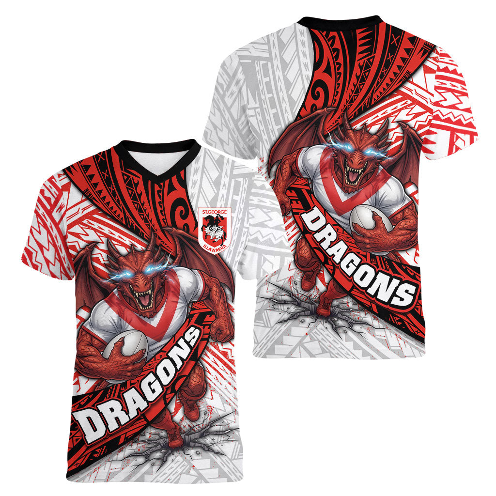 St George Illawarra Dragons Rugby Women V-Neck T-Shirt Tribal Polynesian Power Art - Lightning Mascot