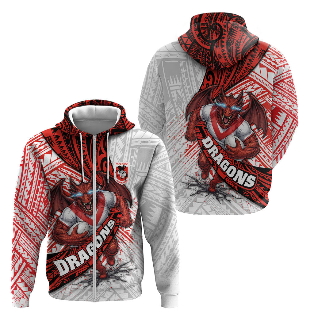 St George Illawarra Dragons Rugby Zip Hoodie Tribal Polynesian Power Art - Lightning Mascot