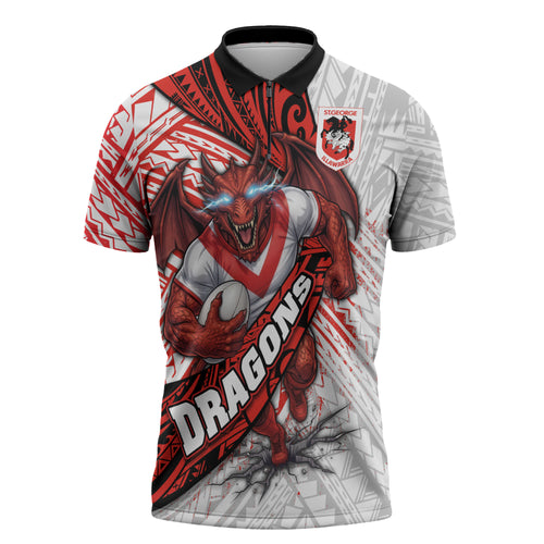 St George Illawarra Dragons Rugby Zipper Polo Shirt Tribal Polynesian Power Art - Lightning Mascot