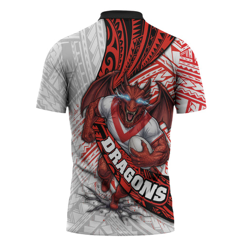 St George Illawarra Dragons Rugby Zipper Polo Shirt Tribal Polynesian Power Art - Lightning Mascot