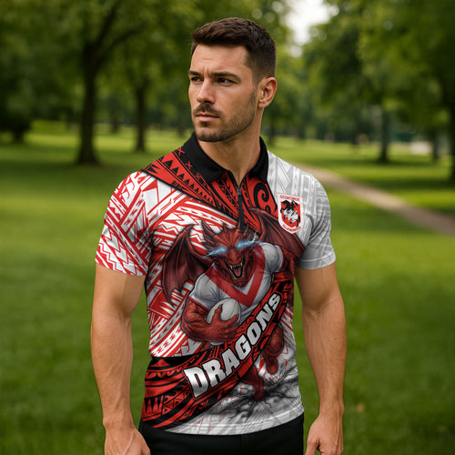 St George Illawarra Dragons Rugby Zipper Polo Shirt Tribal Polynesian Power Art - Lightning Mascot