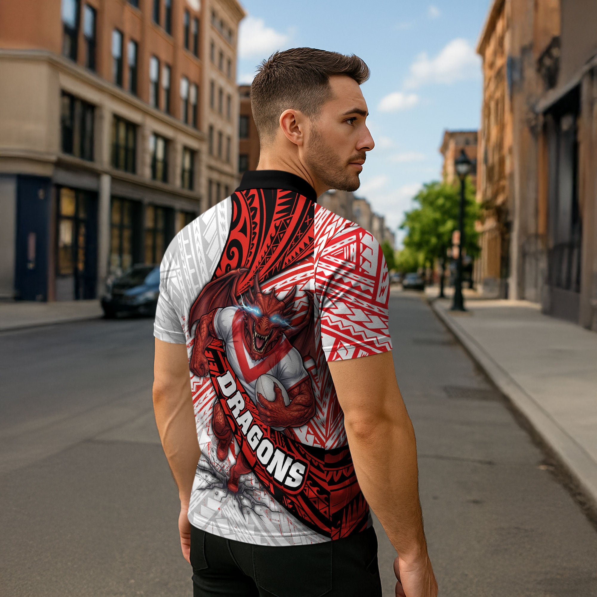 St George Illawarra Dragons Rugby Zipper Polo Shirt Tribal Polynesian Power Art - Lightning Mascot