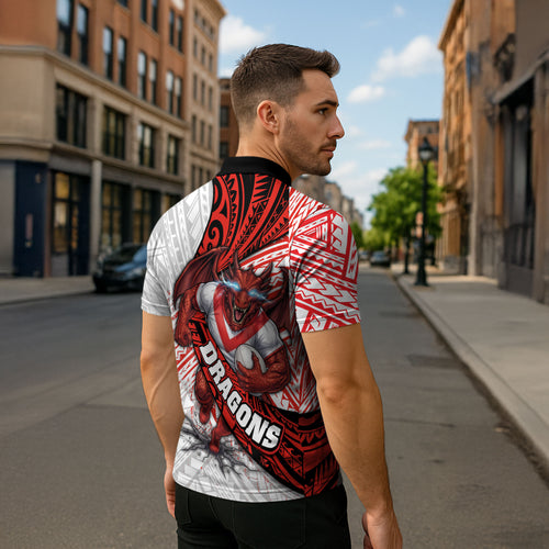 St George Illawarra Dragons Rugby Zipper Polo Shirt Tribal Polynesian Power Art - Lightning Mascot