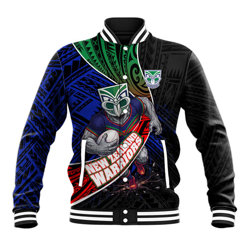 New Zealand Warriors Rugby Baseball Jacket Tribal Polynesian Power Art - Lightning Mascot