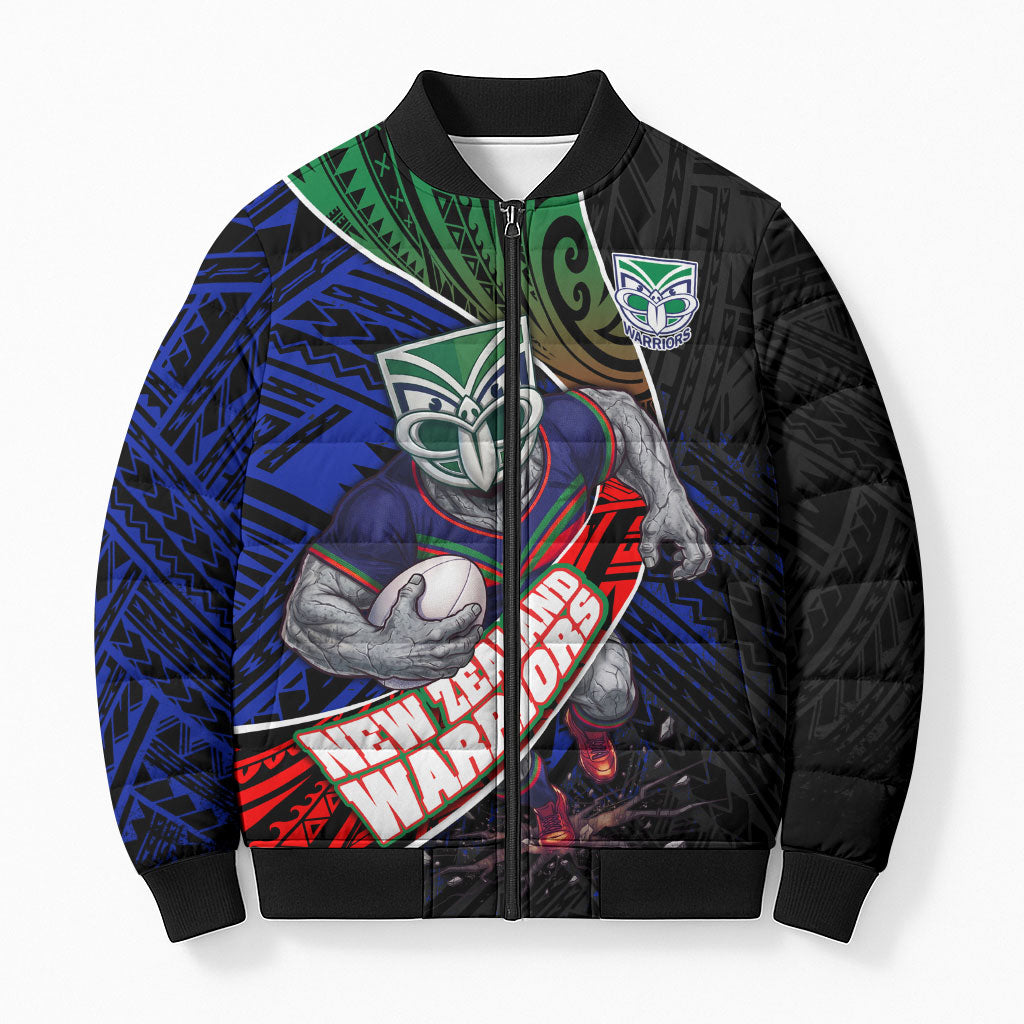New Zealand Warriors Rugby Bomber Puffer Jacket Tribal Polynesian Power Art - Lightning Mascot