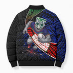 New Zealand Warriors Rugby Bomber Puffer Jacket Tribal Polynesian Power Art - Lightning Mascot