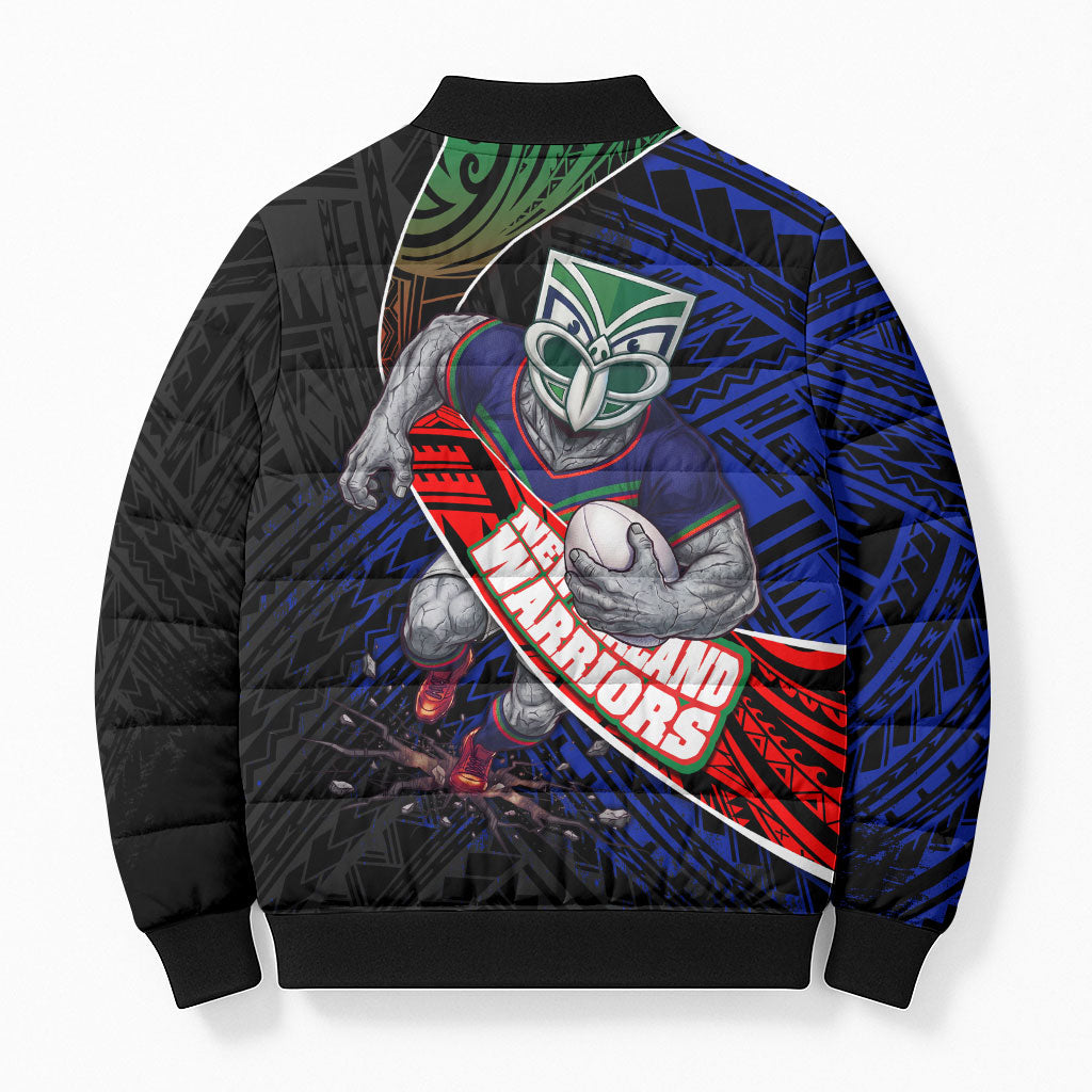 New Zealand Warriors Rugby Bomber Puffer Jacket Tribal Polynesian Power Art - Lightning Mascot
