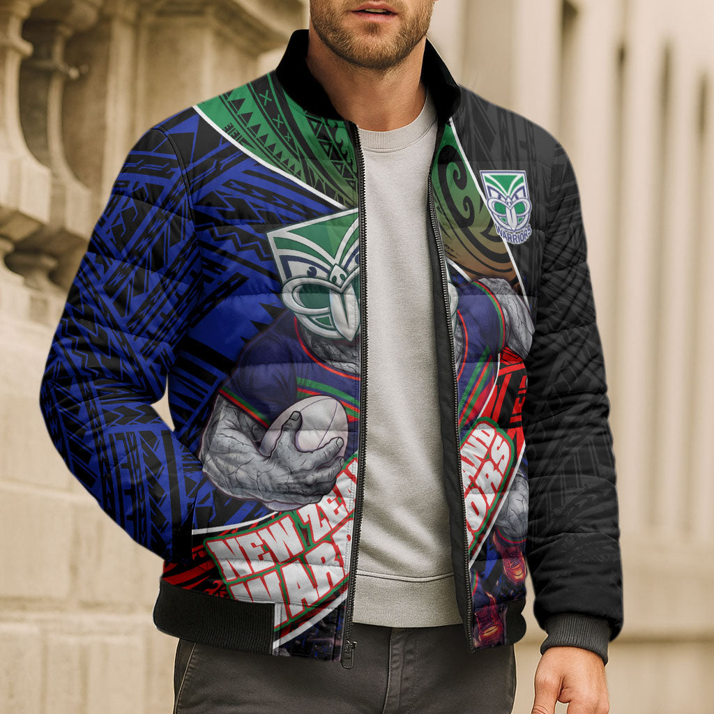 New Zealand Warriors Rugby Bomber Puffer Jacket Tribal Polynesian Power Art - Lightning Mascot