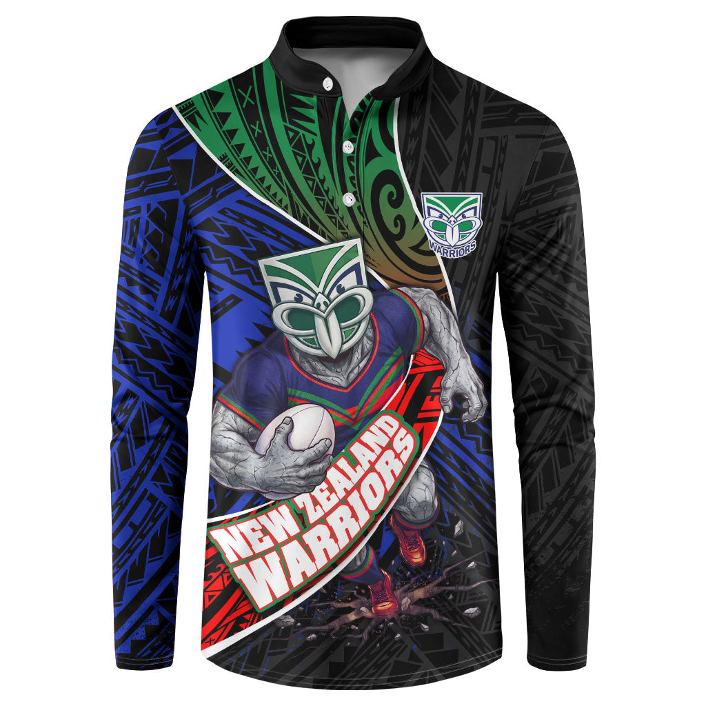 New Zealand Warriors Rugby Button Sweatshirt Tribal Polynesian Power Art - Lightning Mascot