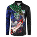 New Zealand Warriors Rugby Button Sweatshirt Tribal Polynesian Power Art - Lightning Mascot