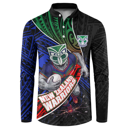 New Zealand Warriors Rugby Button Sweatshirt Tribal Polynesian Power Art - Lightning Mascot
