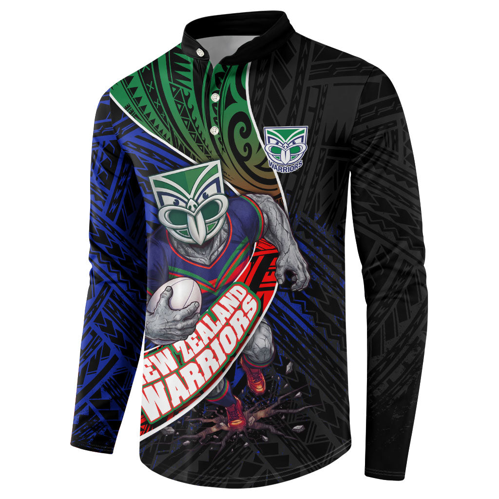 New Zealand Warriors Rugby Button Sweatshirt Tribal Polynesian Power Art - Lightning Mascot