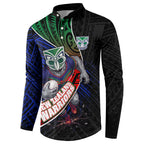New Zealand Warriors Rugby Button Sweatshirt Tribal Polynesian Power Art - Lightning Mascot