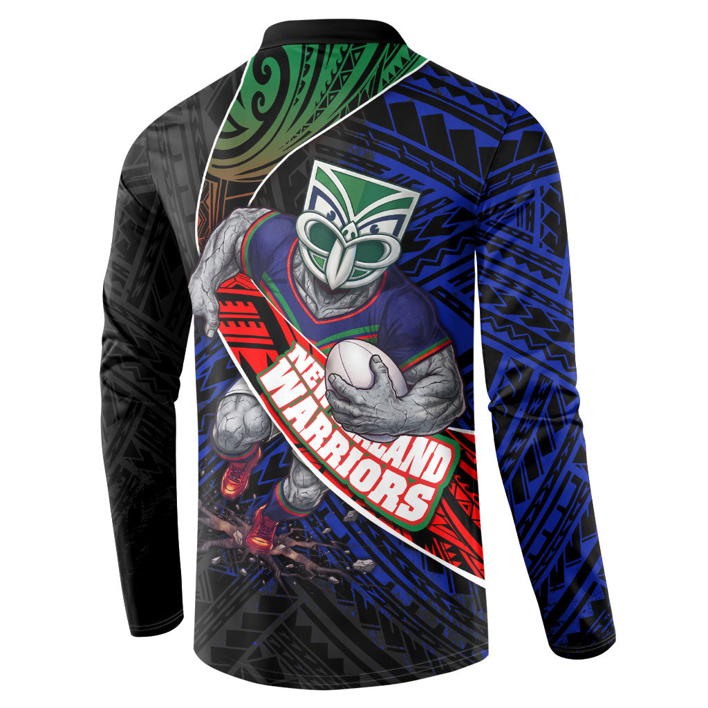 New Zealand Warriors Rugby Button Sweatshirt Tribal Polynesian Power Art - Lightning Mascot