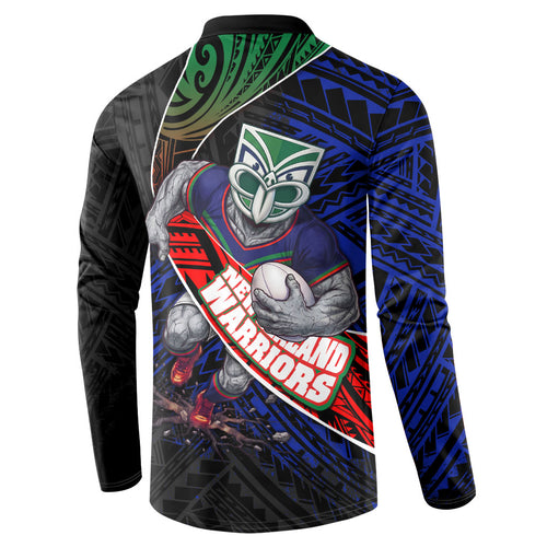 New Zealand Warriors Rugby Button Sweatshirt Tribal Polynesian Power Art - Lightning Mascot