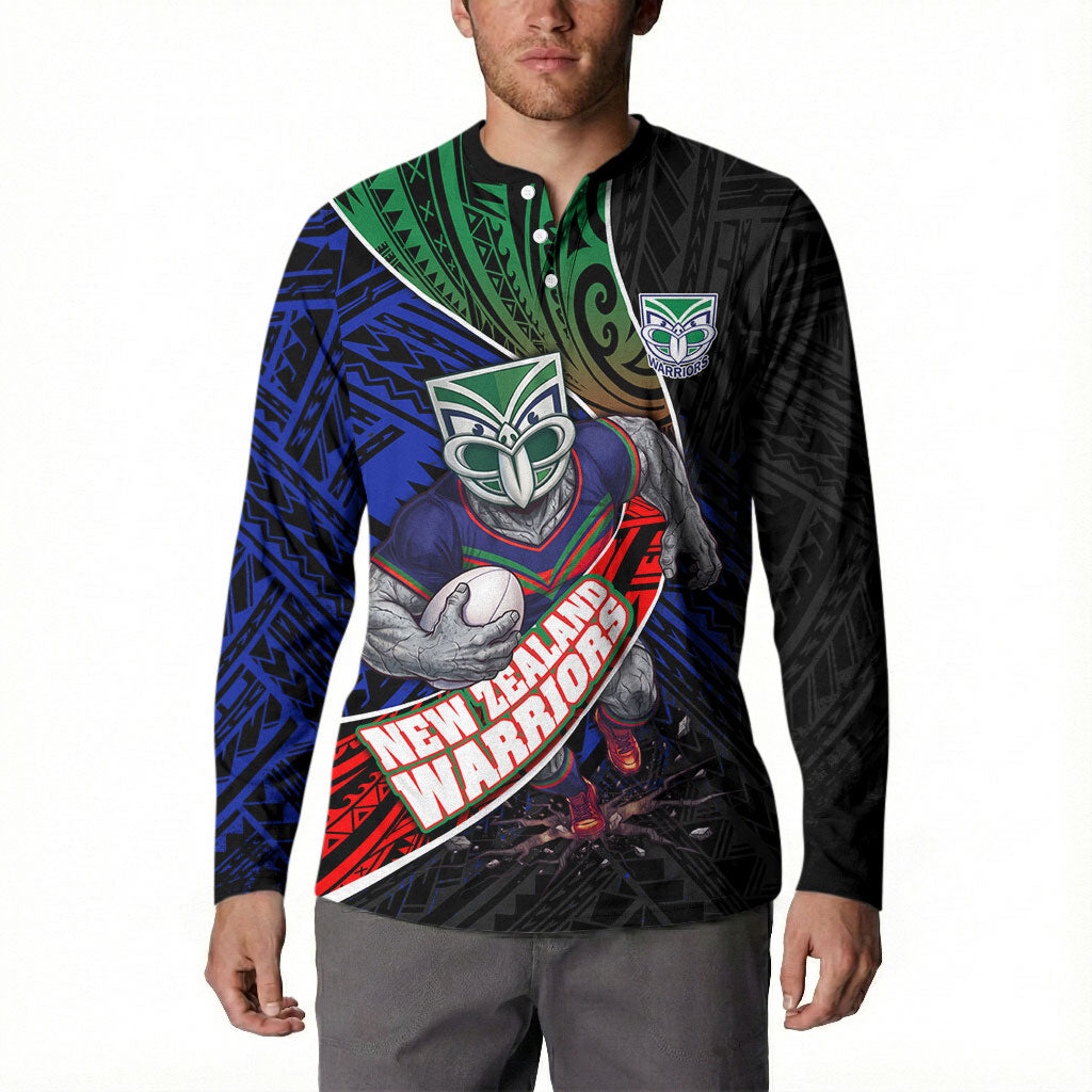 New Zealand Warriors Rugby Button Sweatshirt Tribal Polynesian Power Art - Lightning Mascot
