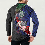 New Zealand Warriors Rugby Button Sweatshirt Tribal Polynesian Power Art - Lightning Mascot