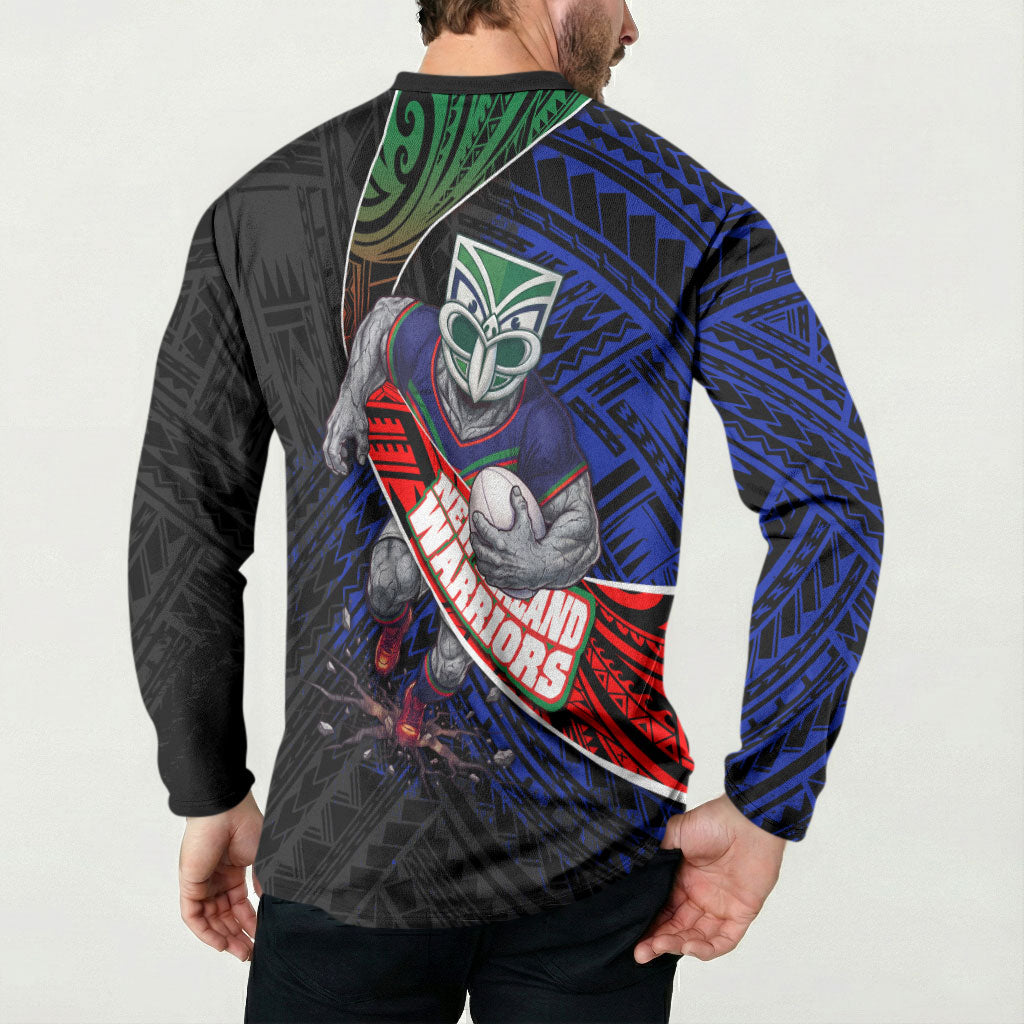 New Zealand Warriors Rugby Button Sweatshirt Tribal Polynesian Power Art - Lightning Mascot
