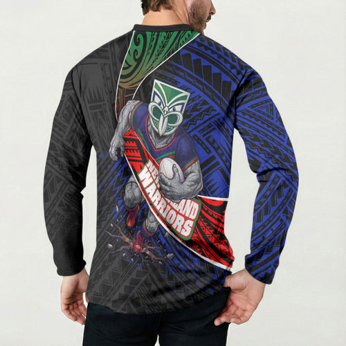 New Zealand Warriors Rugby Button Sweatshirt Tribal Polynesian Power Art - Lightning Mascot