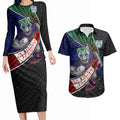 New Zealand Warriors Rugby Couples Matching Long Sleeve Bodycon Dress and Hawaiian Shirt Tribal Polynesian Power Art - Lightning Mascot