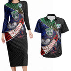 New Zealand Warriors Rugby Couples Matching Long Sleeve Bodycon Dress and Hawaiian Shirt Tribal Polynesian Power Art - Lightning Mascot