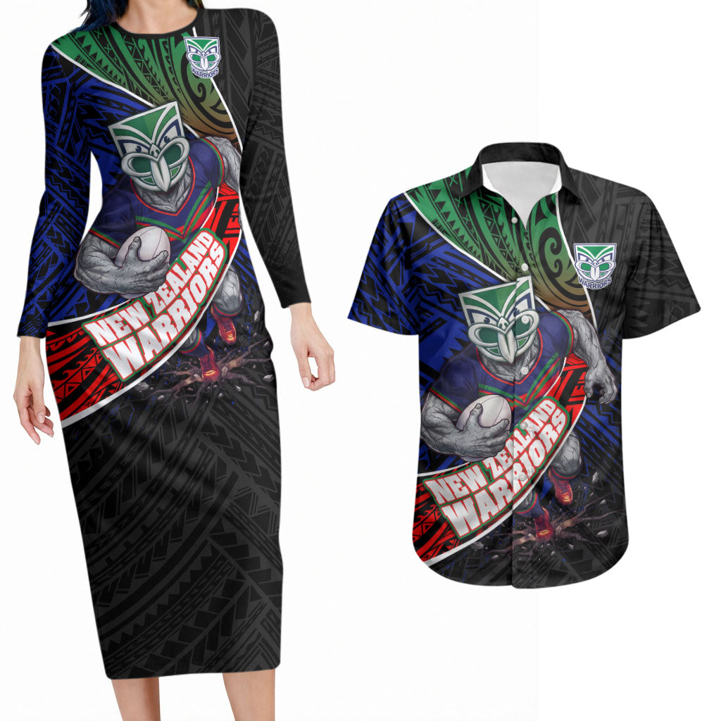 New Zealand Warriors Rugby Couples Matching Long Sleeve Bodycon Dress and Hawaiian Shirt Tribal Polynesian Power Art - Lightning Mascot