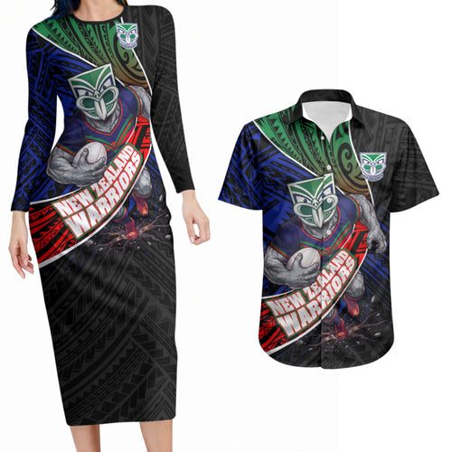 New Zealand Warriors Rugby Couples Matching Long Sleeve Bodycon Dress and Hawaiian Shirt Tribal Polynesian Power Art - Lightning Mascot