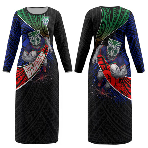 New Zealand Warriors Rugby Couples Matching Long Sleeve Bodycon Dress and Hawaiian Shirt Tribal Polynesian Power Art - Lightning Mascot