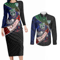 New Zealand Warriors Rugby Couples Matching Long Sleeve Bodycon Dress and Long Sleeve Button Shirt Tribal Polynesian Power Art - Lightning Mascot